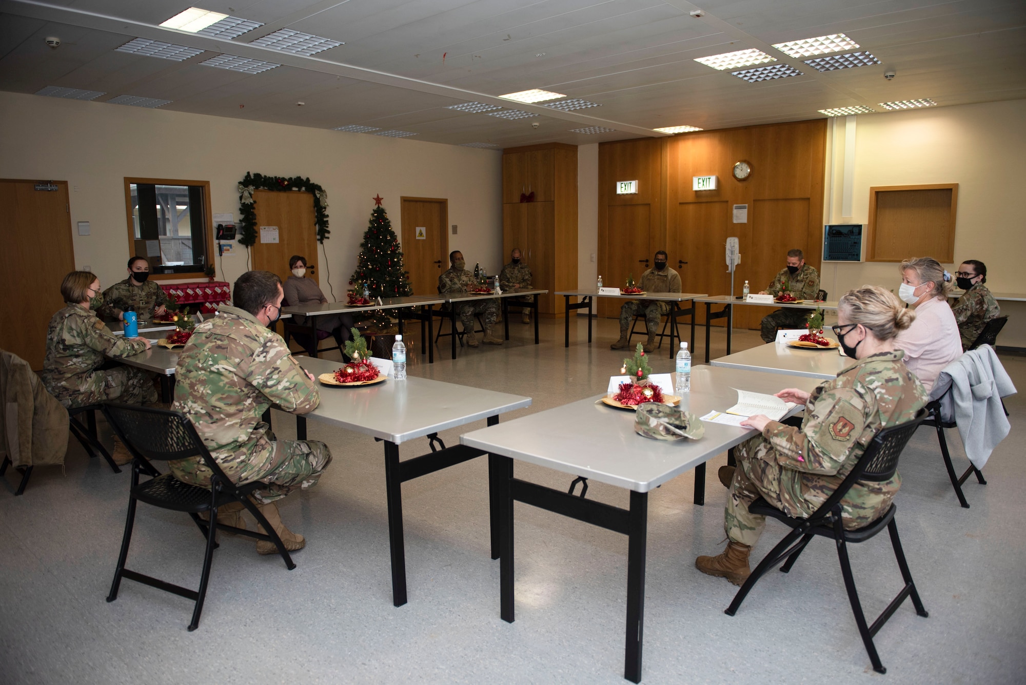 U.S. Air Force Maj. Gen. Randall Reed, Third Air Force commander, and Chief Master Sgt. Randy Kwiatkowski, Third Air Force command chief, participate in a discussion held in the Chapel Annex for a resilience discussion, Dec. 7, 2020, at Spangdahlem Air Base, Germany. The purpose of this discussion was to touch base on the importance of resilience and techniques to build resilience during difficult times related to the COVID-19 pandemic. (U.S. Air Force photo by Senior Airman Melody W. Howley)