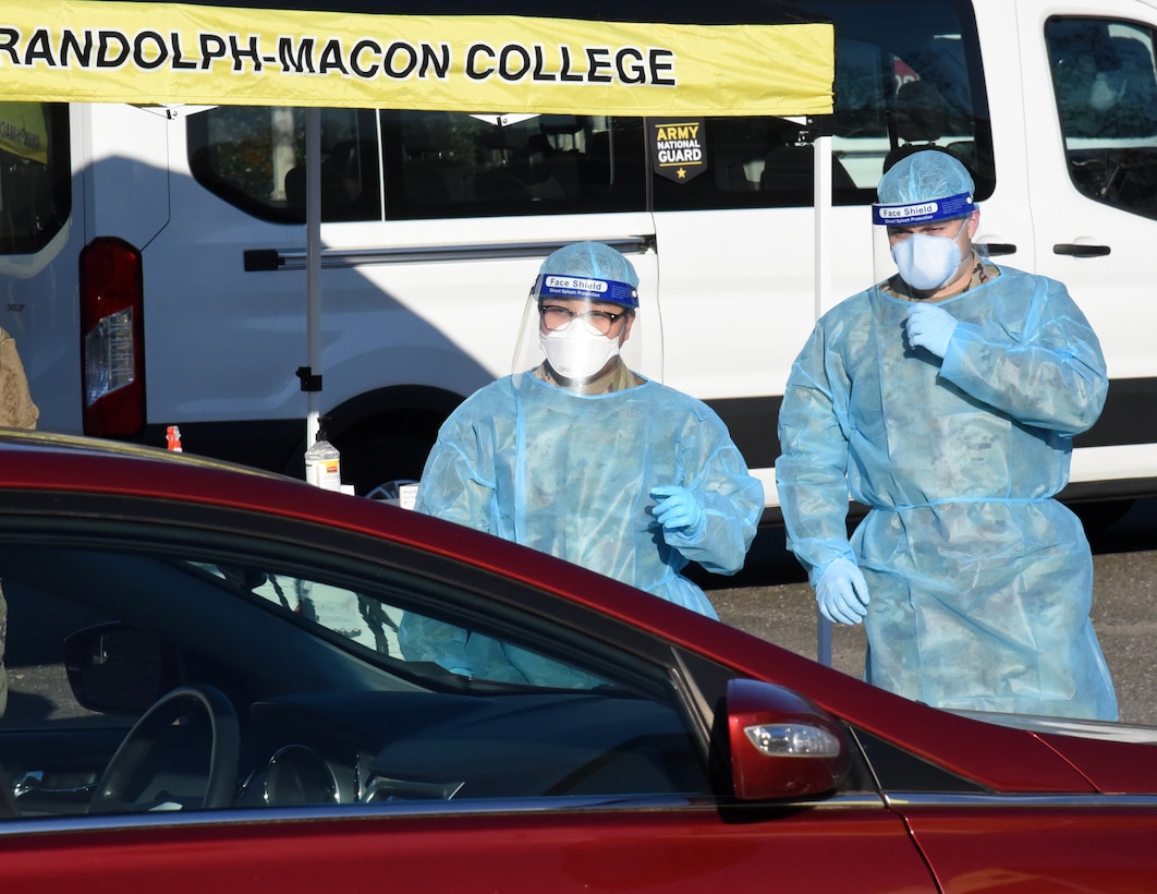 Virginia National Guard Soldiers and Airmen support a COVID-19 testing event for students and staff at Randolph-Macon College Nov. 17, 2020, in Ashland, Virginia.