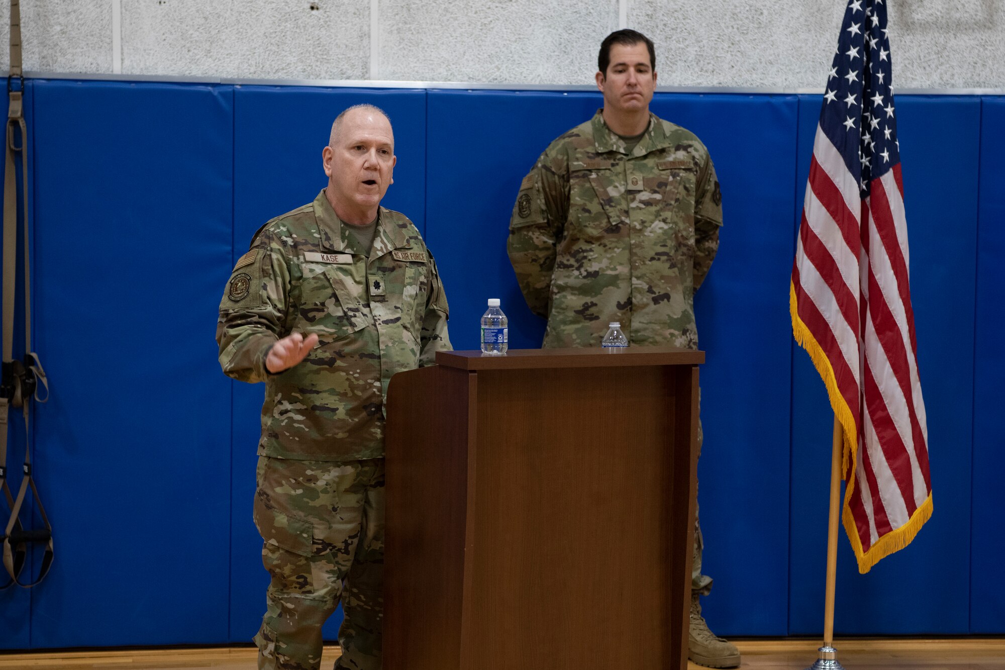 Lt. Col. Eric Kase, 434th Force Support Squadron commander, speaks during an assumption of command ceremony at Grissom Air Reserve Base, Ind., Dec. 5, 2020. Kase assumed command of the 434th FSS during the ceremony. (U.S. Air Force photo by Staff Sgt. Michael Hunsaker)