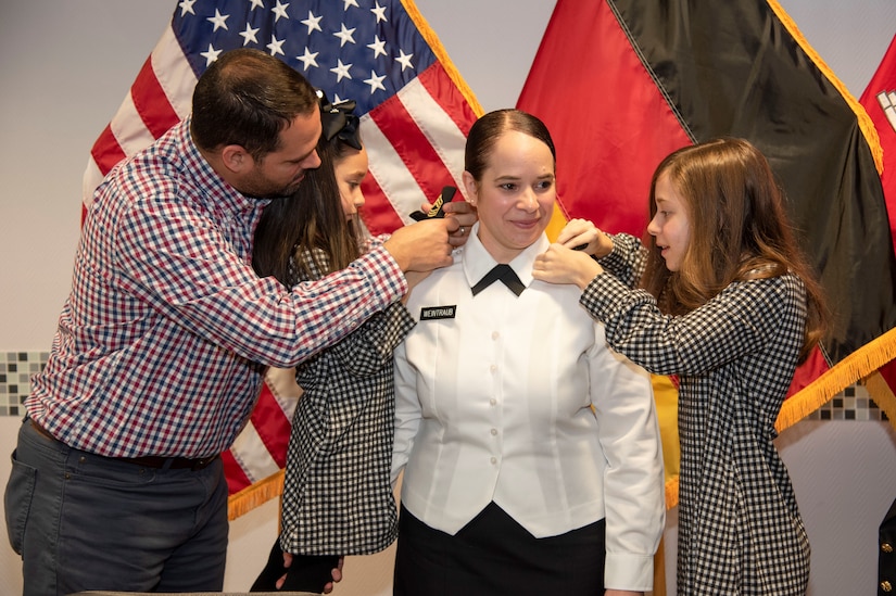 U.S. Army Master Sgt. Betsy Weintraub receives the Meritorious Service Medal from U.S. Army Corps of Engineers, Europe District commander.