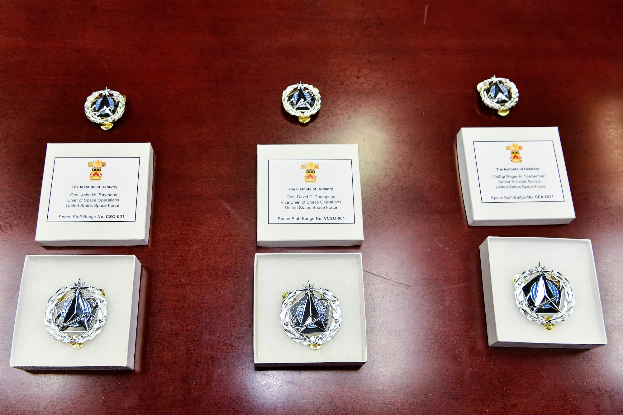 U.S. Space Force Space Staff Badges are displayed before an unveiling ceremony at the Pentagon, Arlington, Va., Dec. 11, 2020. Service members assigned to Space Force at the Pentagon will wear the badge.