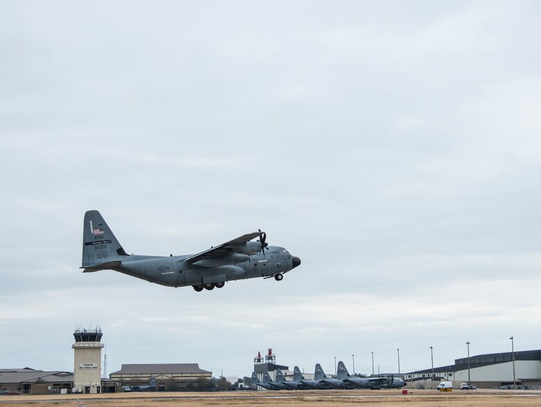 A WC-130J Super Hercules from the 53rd Weather Reconnaissance Squadron takes off Dec. 15, 2020 from Keesler Air Force Base, Mississippi. As of Nov. 1, the winter storm season began, and the Hurricane Hunters took off for their first tasking of the season. (U.S. Air Force phot by 2nd Lt. Christopher Carranza)