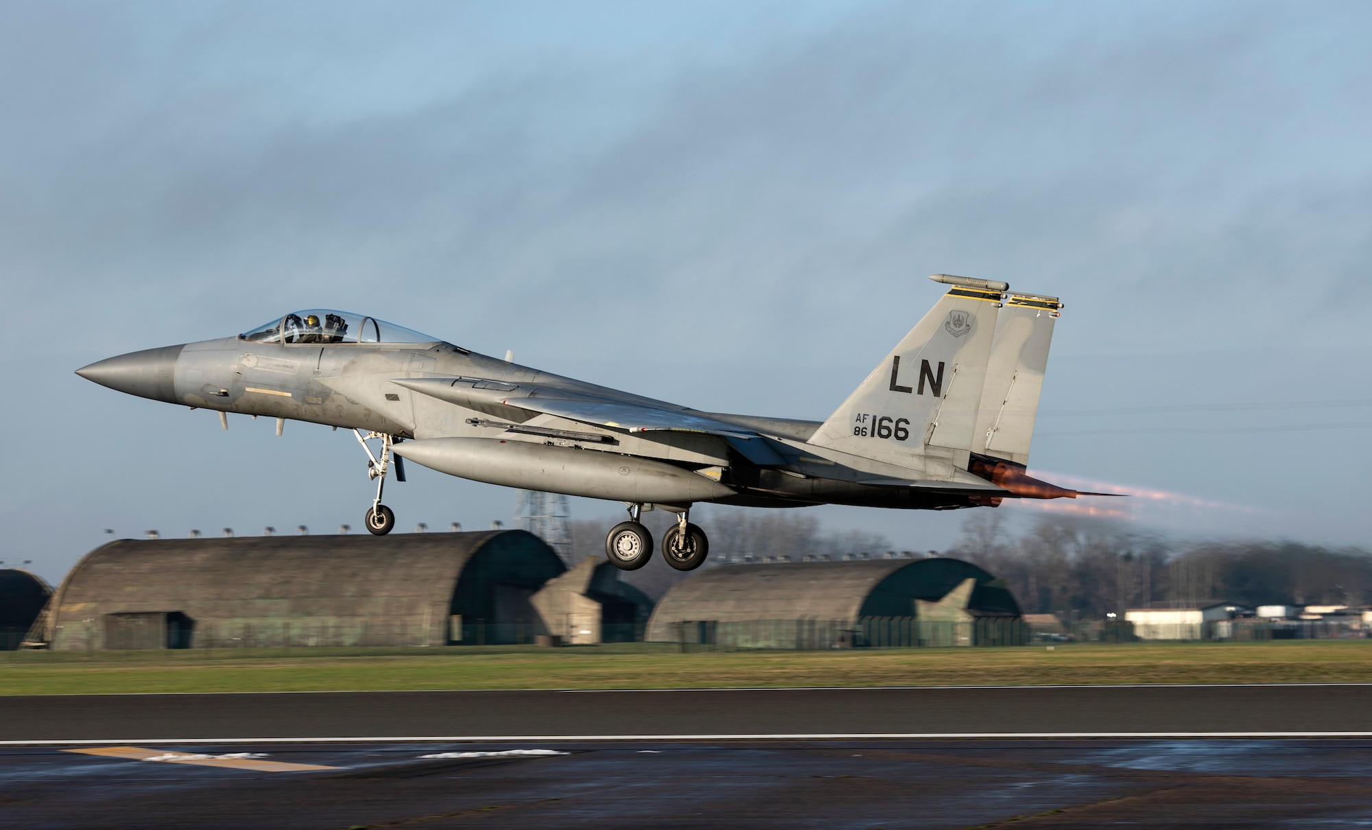 An F-15C Eagle assigned to the 493rd Fighter Squadron takes off at Royal Air Force Lakenheath, England, Dec. 8, 2020. 48th Fighter Wing pilots participated in a live missile fire exercise, gaining combat representative training that can't be fully imitated in a simulation during day-to-day training. (U.S. Air Force photo by Airman 1st Class Jessi Monte)