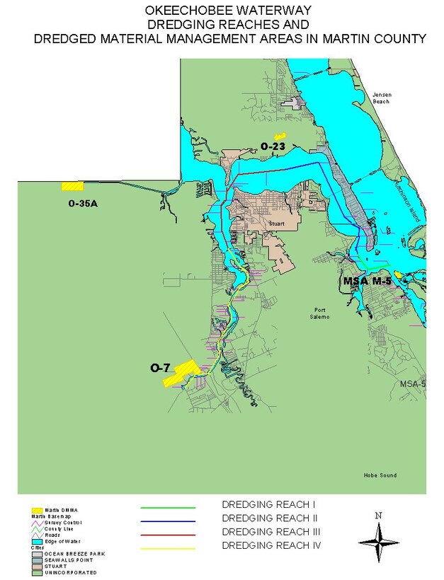 Maintenance dredging of the Okeechobee Waterway in Dredging Reach 3 indicated in red and Reach 4 indicated in yellow, in parts of the St. Lucie River in Martin County.