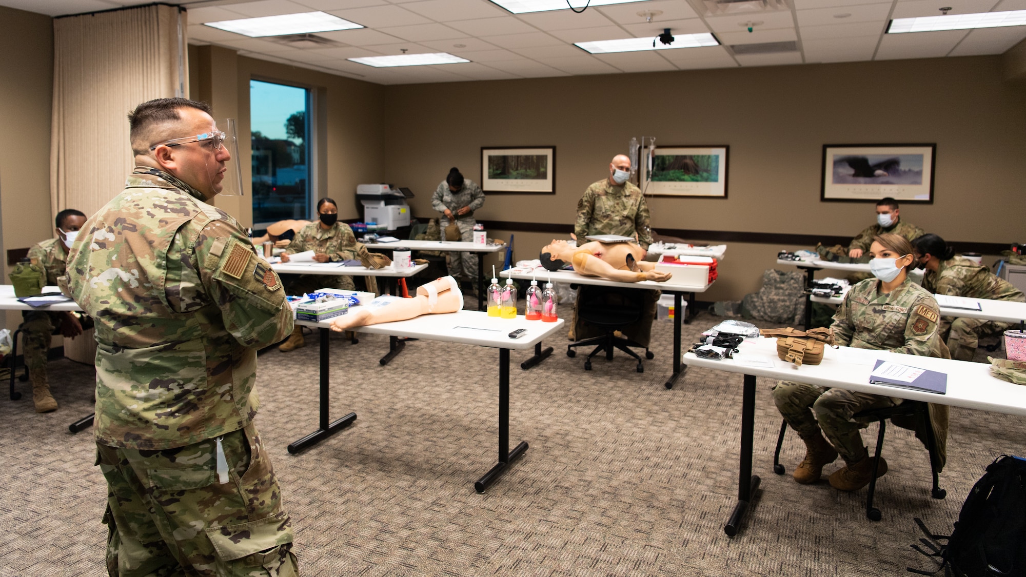 Lt. Col. John A. Camacho-Ayala, 2nd Medical Group health care integrator and director of medical management, teaches a class on Tactical Combat Casualty Care (TCCC) at Barksdale Air Force Base, La., Dec. 7, 2020.