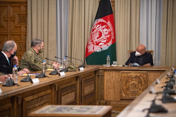 Gen. Mark A. Milley, chairman of the Joint Chiefs of Staff, meets with Ashraf Ghani, President of the Islamic Republic of Afghanistan in Kabul, Dec. 17, 2020.  The senior leaders discussed the current security environment in Afghanistan.