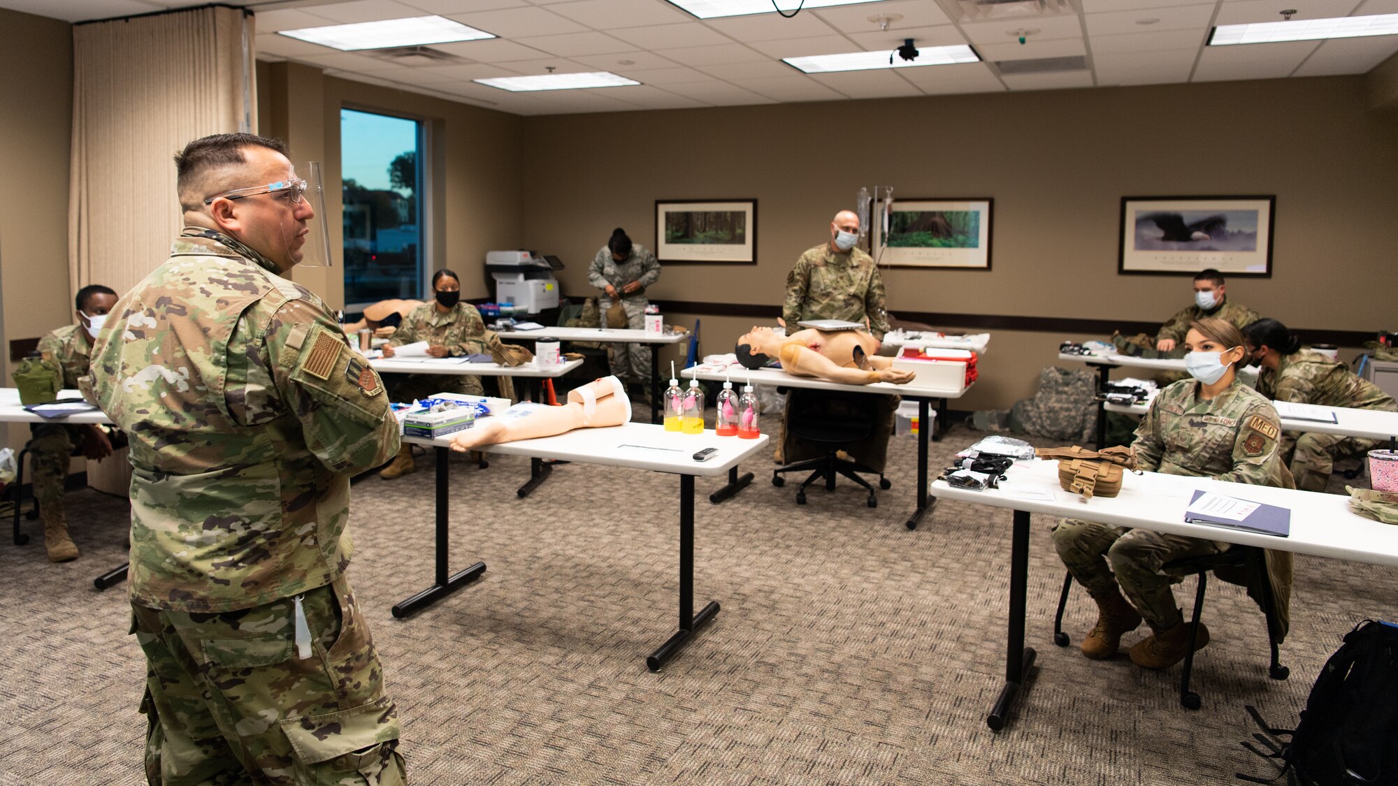 Lt. Col. John A. Camacho-Ayala, 2nd Medical Group health care integrator and director of medical management, teaches a class on Tactical Combat Casualty Care (TCCC) at Barksdale Air Force Base, La., Dec. 7, 2020.