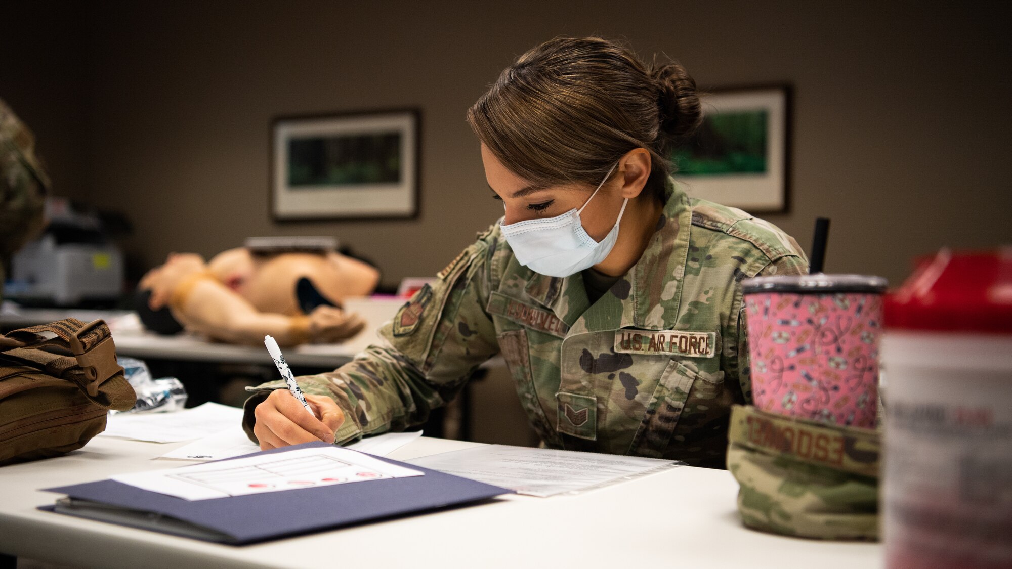 Staff Sgt. Johanna Esquivel, 2nd Operational Medical Readiness Squadron medical technician, takes a test during a Tactical Combat Casualty Care (TCCC) class at Barksdale Air Force Base, La., Dec. 7, 2020.