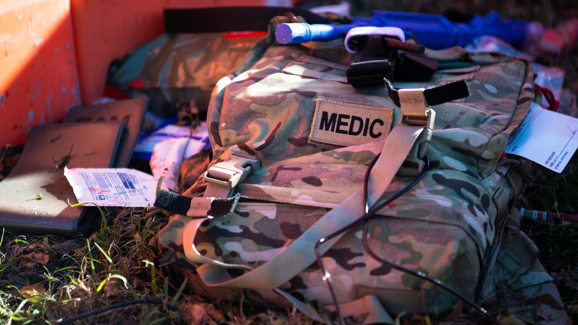 A 2nd Medical Group Tactical Combat Casualty Care (TCCC) bag sits on the ground during a TCCC field training exercise at Barksdale Air Force Base, La., Dec. 9 2020.