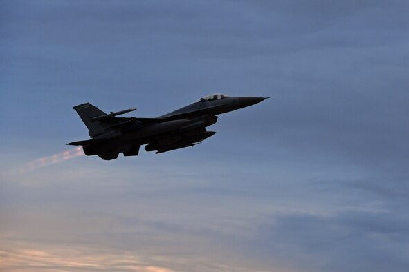 A U.S. Air Force F-16 Fighting Falcon assigned to the 555th Fighter Squadron takes off from Aviano Air Base, Italy, Dec. 16, 2020, during an Agile Combat Employment exercise. During the exercise, Airmen trained to enhance our ability to rapidly deploy to and operate from locations with varying levels of capacity and support, ensuring Airmen and aircrews are postured to provide lethal combat power across the spectrum of military operations. (U.S. Air Force photo by Staff Sgt. Valerie Halbert)