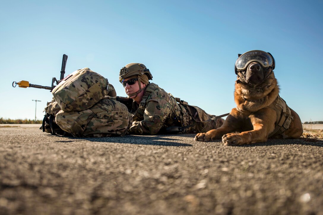 An airman and a military working dog wearing goggles lie on flat gravelly terrain and look in different directions into the distance.
