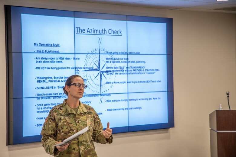 U.S. Army Brig. Gen. Kimberly M. Colloton, U.S. Army Corps of Engineers Transatlantic Division commander, shares her leadership philosophy during the Transatlantic Division's Leadership Development Program Level III course in Winchester, Virginia, Oct. 28, 2020. (U.S. Army photo by Sherman Hogue)