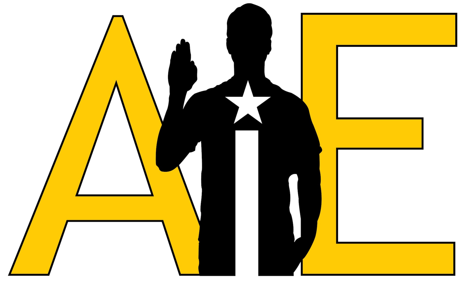 Letter A I E with person holding up hand
