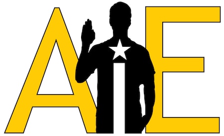 Letter A I E with person holding up hand