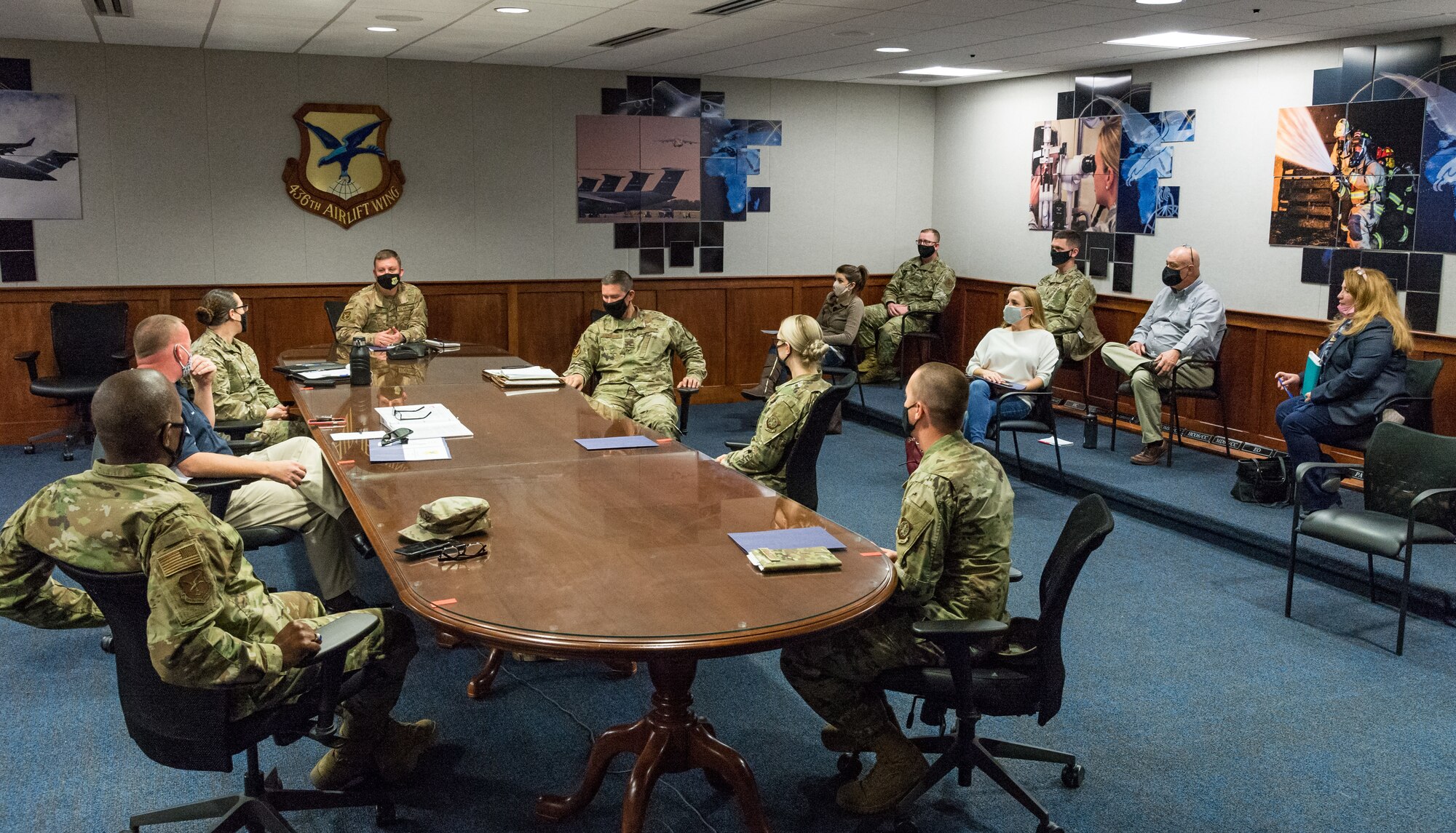 Col. Matthew Jones, 436th Airlift Wing commander, meets with the Dover Air Force Base Resident Council Dec. 3, 2020, on Dover AFB, Delaware. Aaron Lewis, 436th AW privatized housing resident advocate, set up the meeting with Jones to introduce him to neighborhood representatives, the Dover AFB Military Housing Office manager, Dover Family Housing community director and others.(U.S. Air Force photo by Roland Balik)