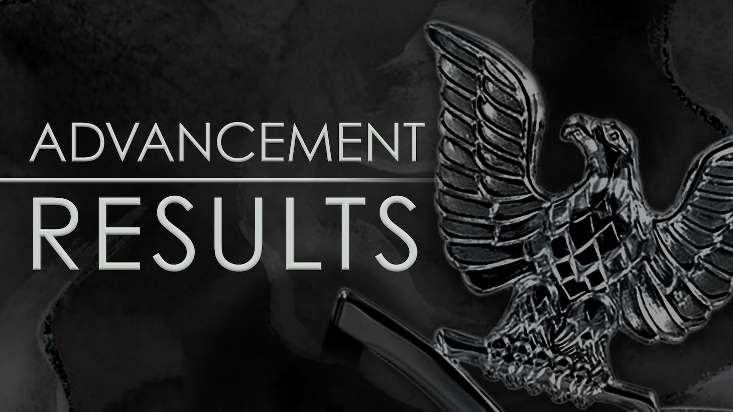 The word "Advancement Results" written in white with a black background and a silver Petty Officer Third Class crow on the left side.