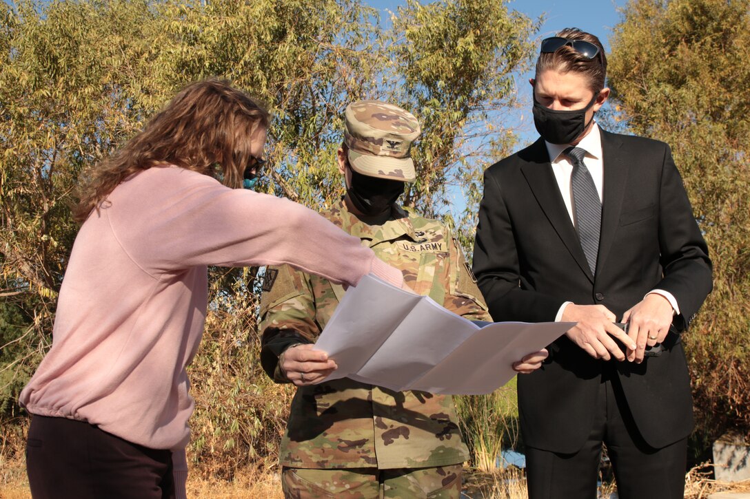 Tricia Balluff, city of Phoenix environmental programs coordinator, briefs Col. Julie Balten, U.S. Army Corps of Engineers Los Angeles District commander and David Van Dorpe, deputy district engineer Dec. 3 at the Tres Rios Environmental Restoration site.