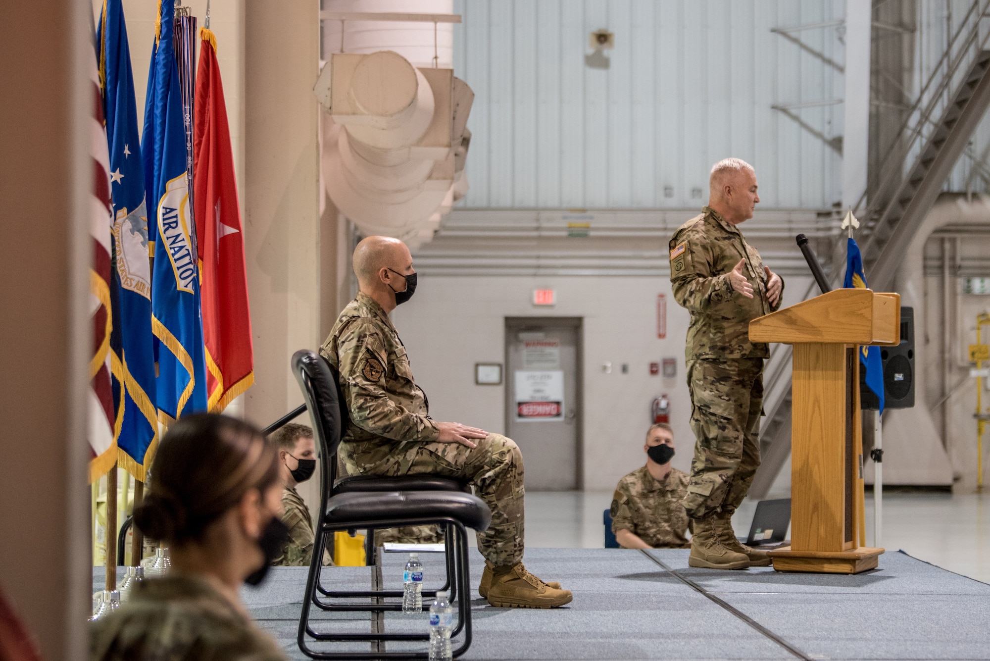 Brig. Gen. Hal Lamberton, adjutant general for the Commonwealth of Kentucky, speaks during the promotion ceremony of Col. George H. Imorde III, incoming commander of the 123rd Mission Support Group, at the Kentucky Air National Guard Base in Louisville, Ky., on Nov. 14, 2020. (U.S. Air National Guard photo by Staff Sgt. Joshua Horton)