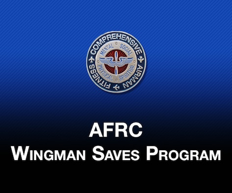 Picture of Headquarters AFRC A1RZ resiliency coin and text "AFRC Wingman Saves Program" with blue to black gradient color in the background.