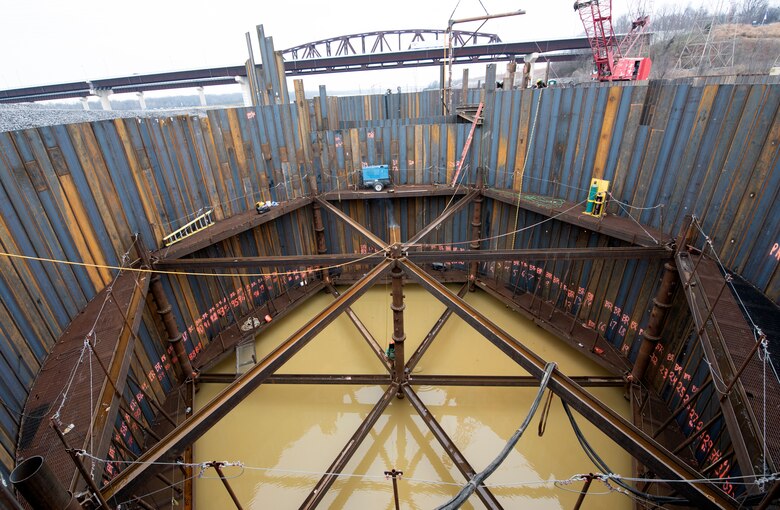 A Johnson Brothers work crew builds a cofferdam cell at the Kentucky Lock Addition Project Dec. 16, 2020 at Grand Rivers, Kentucky, where the U.S. Army Corps of Engineers Nashville District is constructing the new 110-foot by 1,200-foot navigation lock at the Tennessee Valley Authority project. (USACE Photo by Lee Roberts)