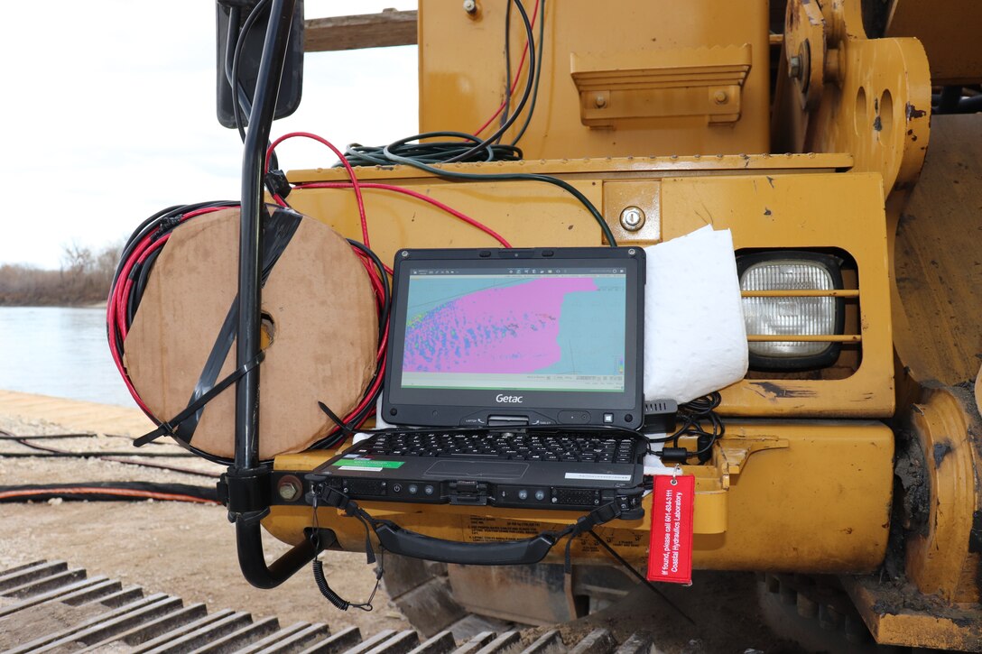 On November 11, 2020, this integrated display is used by operators to control the flow of the hydrodynamic dredge the Engineering Research and Development Center brought to Kansas City District from Vicksburg, Miss., to assist in clearing shoals that developed on the Missouri River due to damages from flooding to the river control structures. The device enabled the combined team to redirect sandy material back into suspension in the current of the river and away from the built-up areas that impede navigation on the river.