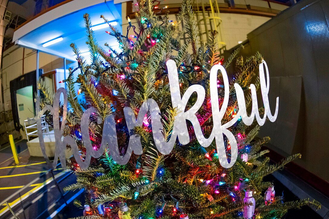 The word “thankful” adorns The Thankful Tree, currently on display at NSA Headquarters.