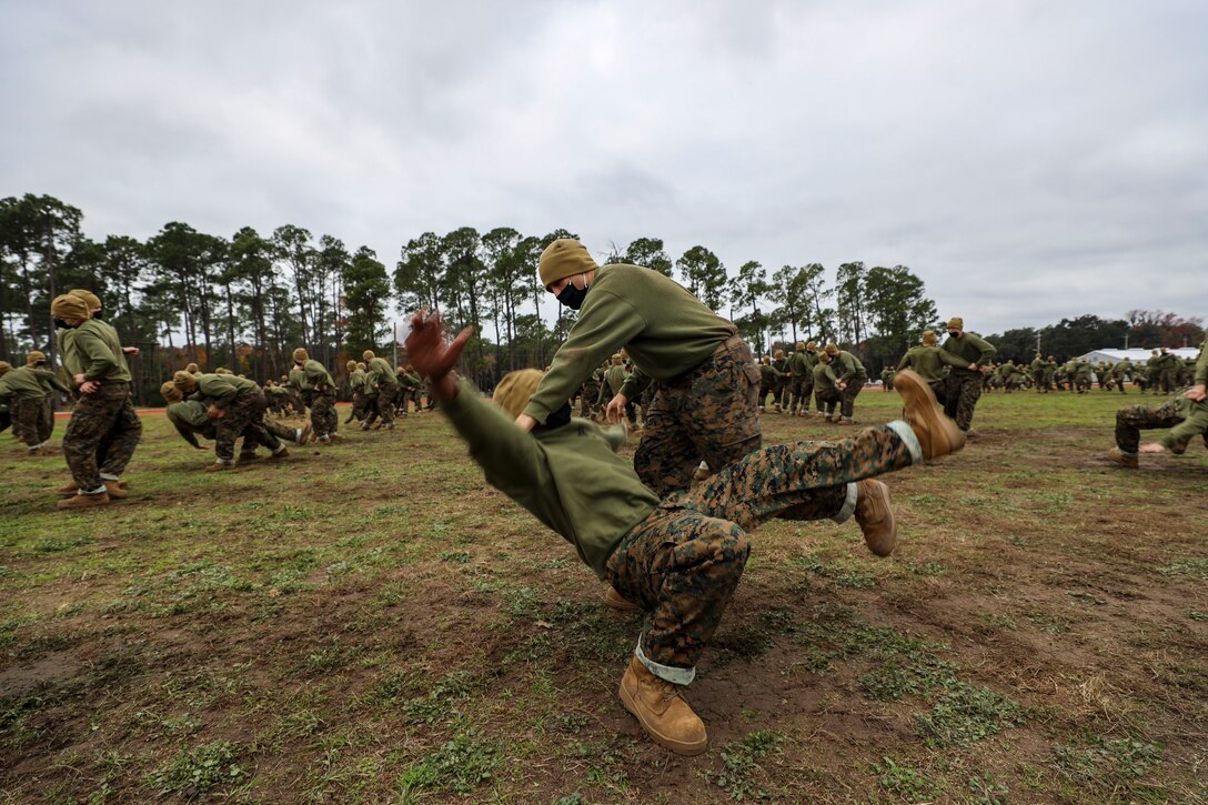 A large group of Marines practice martial arts techniques.