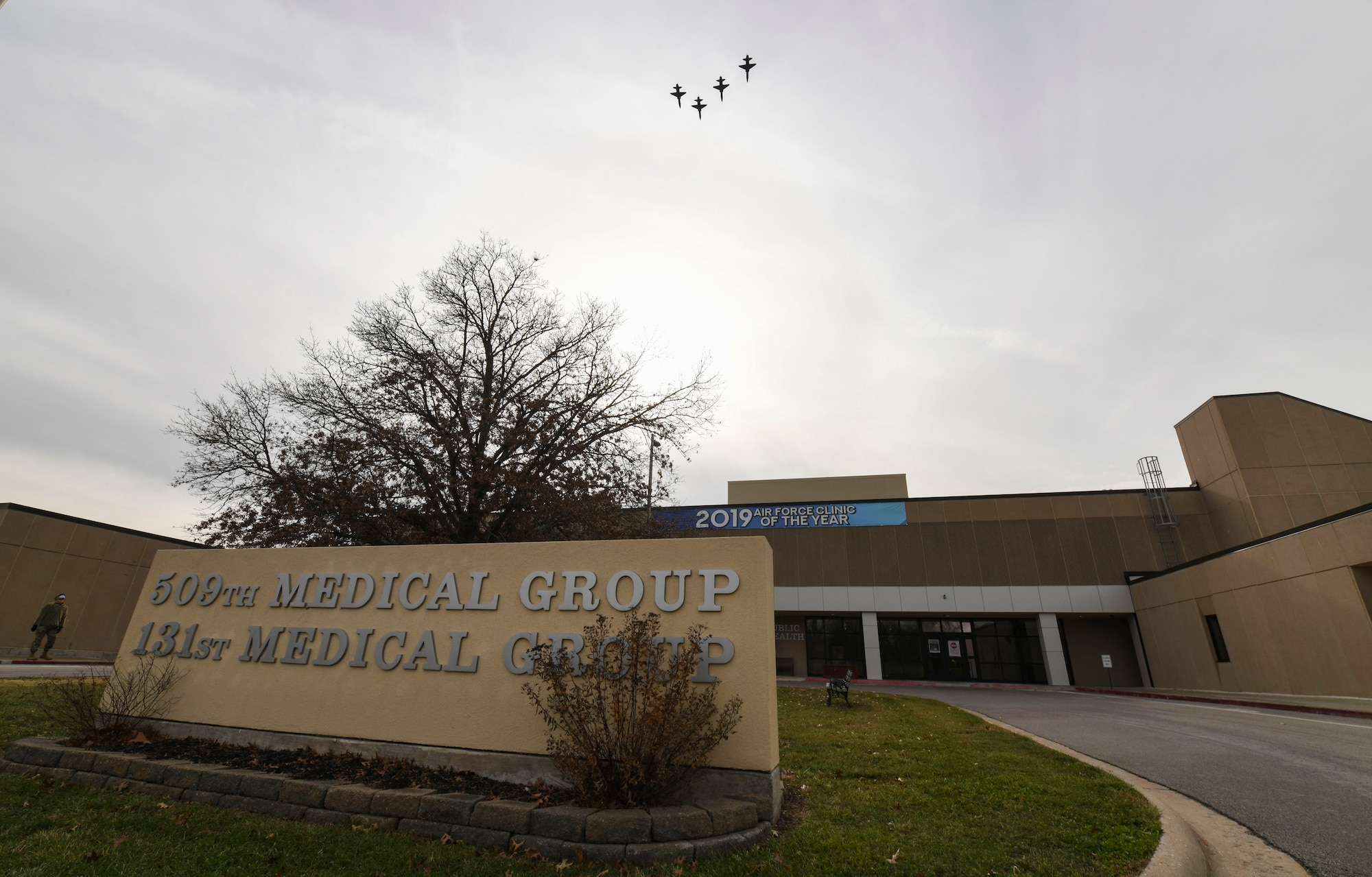 Four T-38 Talons, assigned to the 509th Bomb Wing flew over the 509th Medical Group clinic to honor the health care professionals for Air Force Global Strike Command’s Medical Professionals Appreciation Day at Whiteman Air Force Base, Missouri, Dec. 18, 2020. The flyover served as part of an effort to thank the 509th MDG staff for their hard work over the past year in the fight against COVID-19. (U.S. Air Force photo by Tech. Sgt. Heather Salazar)