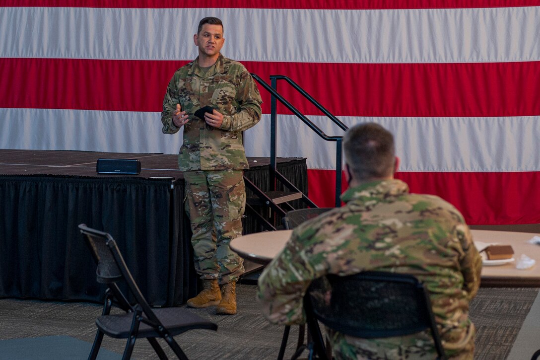 A photo of a Chief talking.