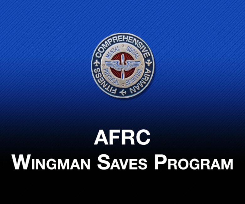Picture of Headquarters AFRC A1RZ resiliency coin and text "AFRC Wingman Saves Program" with blue to black gradient color in the background.