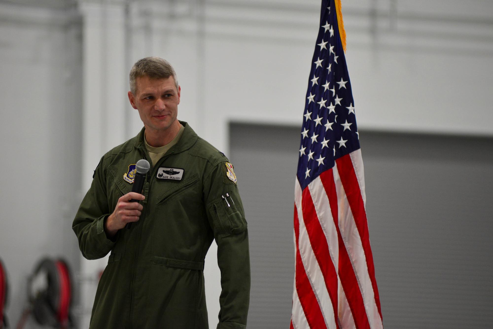 U.S. Air Force Col. David Skalicky, the 354th Operations Group commander, speaks during the 355th Fighter Squadron reactivation ceremony Dec. 18, 2020, at Eielson Air Force Base, Alaska.