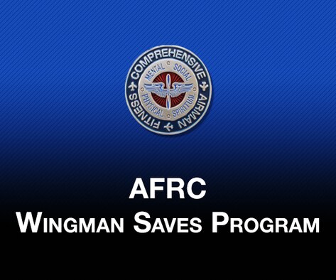 Picture of Headquarters AFRC A1RZ resiliency coin and text "AFRC Wingman Saves Program" with blue to black gradient color in the background.
