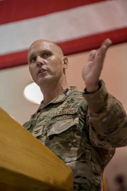 Col. George H. Imorde III, incoming commander of the 123rd Mission Support Group, speaks at his change-of-command ceremony at the Kentucky Air National Guard Base in Louisville, Ky., on Nov. 14, 2020. Imorde previously served as the 123rd Security Forces Squadron commander and antiterrorism officer for the 123rd Airlift Wing. (U.S. Air National Guard photo by Staff Sgt. Joshua Horton)