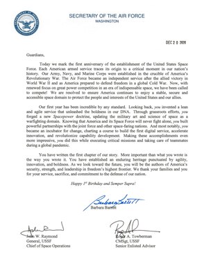 U.S. Space Force Birthday Letter to Guardians.