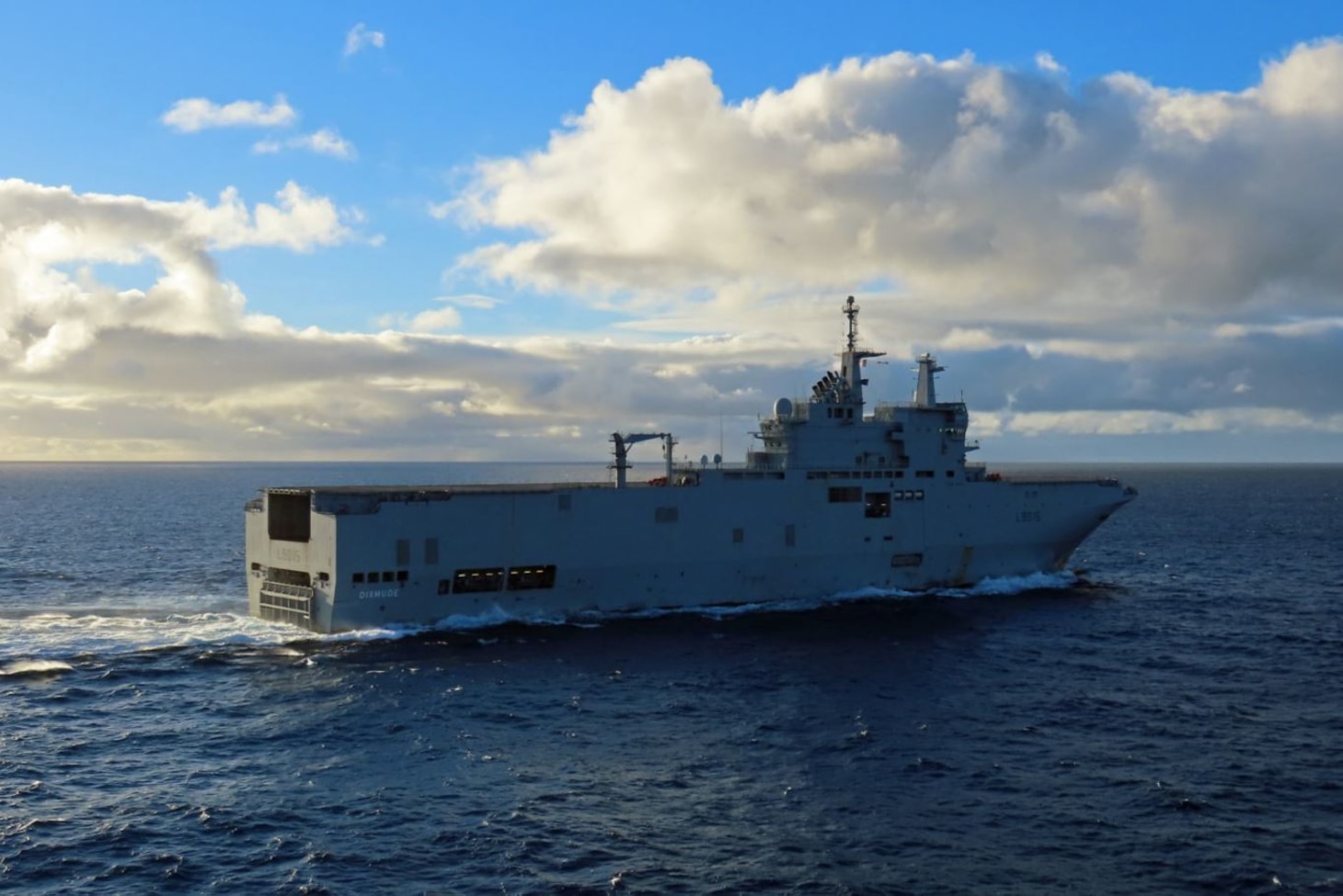 French Navy LHD Dixmude (L9015) sails off after completing a replenishment-at-sea by U.S. Navy’s Military Sealift Command USNS Laramie (T-AO 203) in the Atlantic Ocean, Dec. 10.