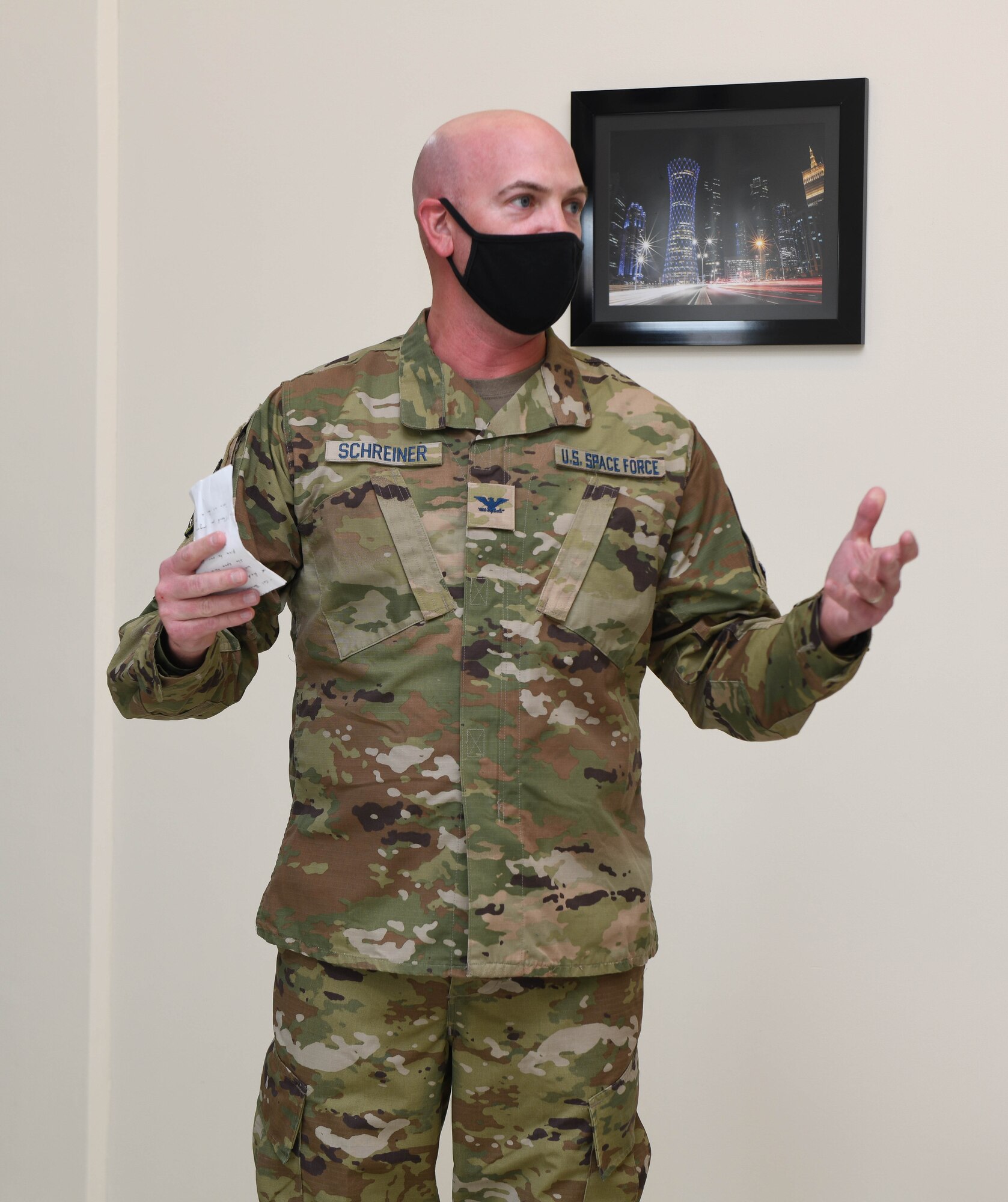 U.S. Space Force Col. Robert Schreiner, incoming director of Space Forces, U.S. Air Forces Central, speaks during the Space Force first birthday celebration on Dec. 20, 2020, at Al Udeid Air Base, Qatar. Schreiner will take over for U.S. Space Force Col. Todd Benson, who oversaw the swearing in of the first deployed enlisted and commissioned Space Force members who transitioned from the U.S. Air Force on Sept. 1, 2020. The Space Force became the newest branch of the U.S. military to be established in more than 70 years, with a dedicated space warfare and space operations mission. (U.S. Air Force photo by Staff Sgt. Kayla White)