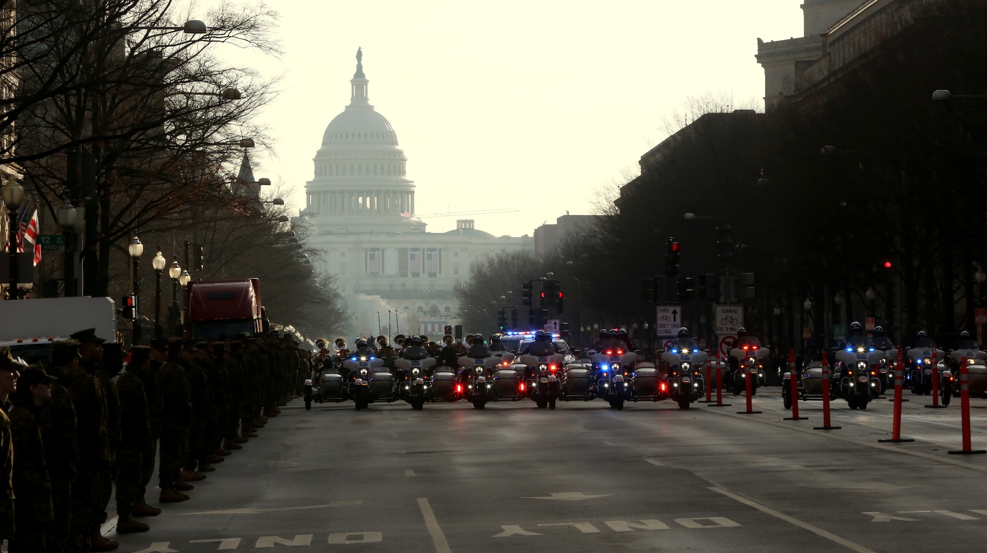 Members of the Police Task Force escort members in the inauguration rehearsal parade on Pennsylvania Avenue in Washington, D.C., Jan. 15, 2017. More than 5,000 military members from across all branches of the armed forces of the United States, including Reserve and National Guard components, provided ceremonial support and defense support of civil authorities during the inaugural period.