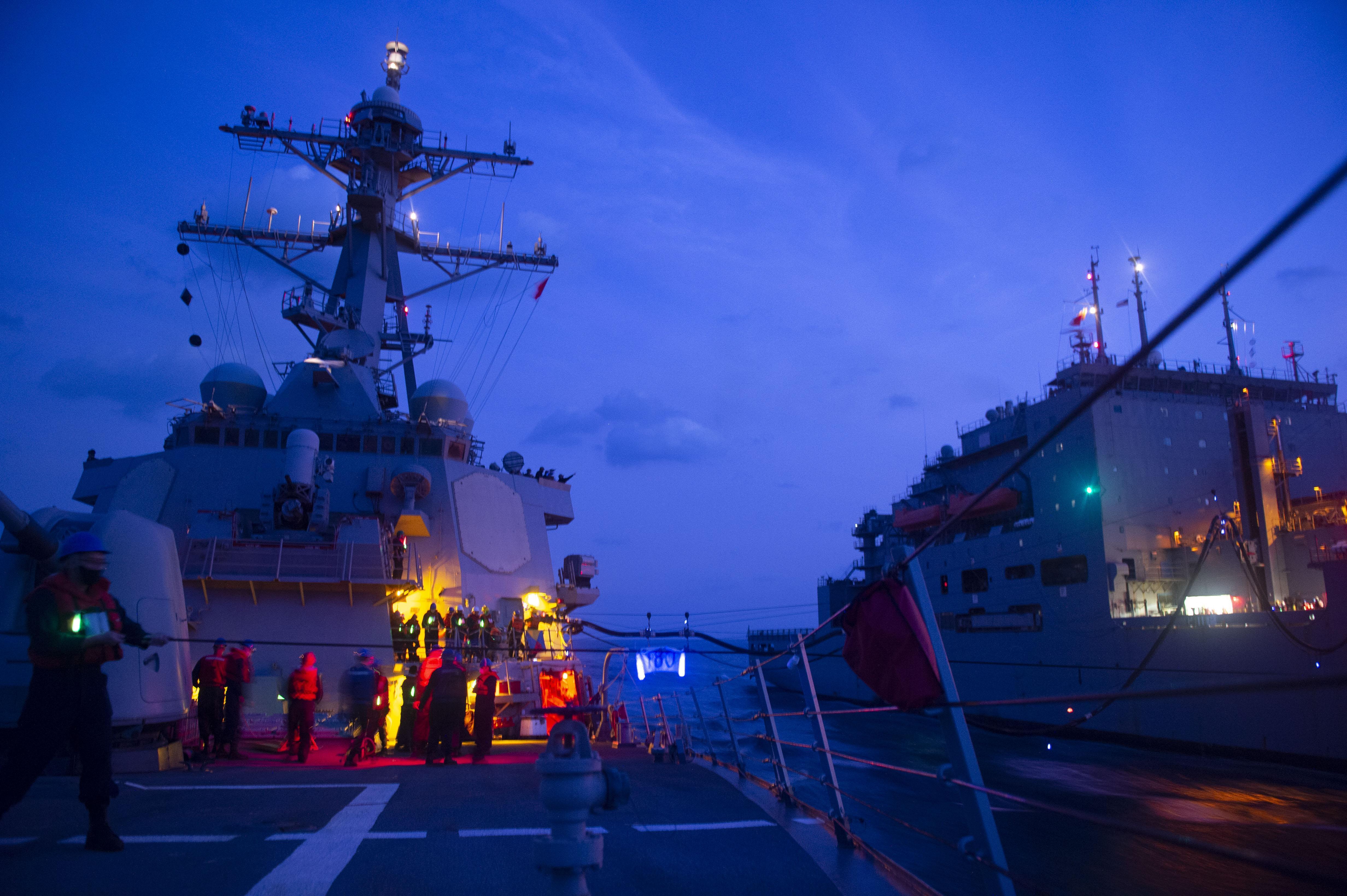 USS John Paul Jones (DDG 53) conduct a replenishment-at-sea with USNS Wally Schirra (T-AKE 8).