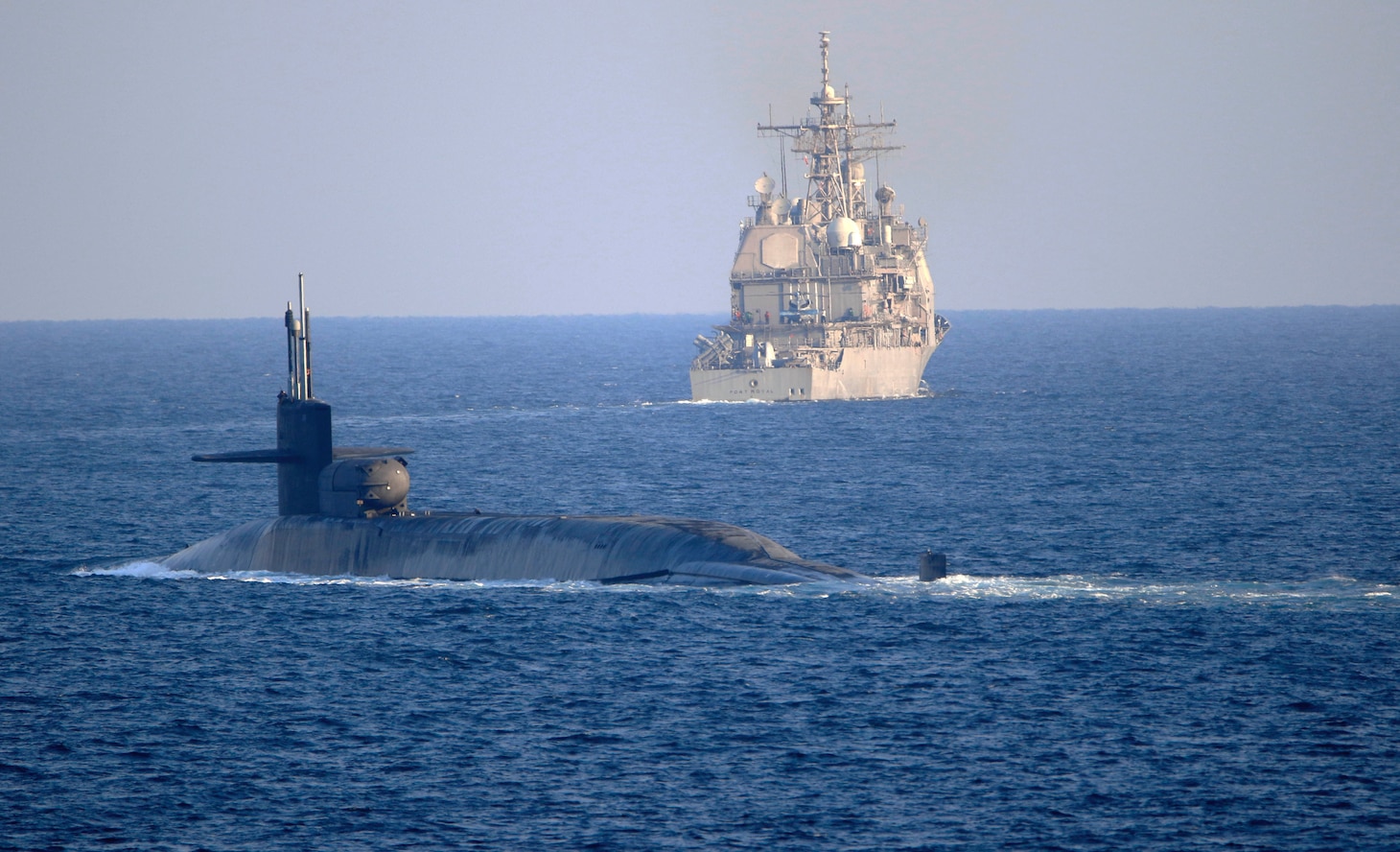 USS Port Royal (CG 73), USS Philippine Sea (CG 58) and USS Georgia (SSGN 729) transit the Strait of Hormuz.