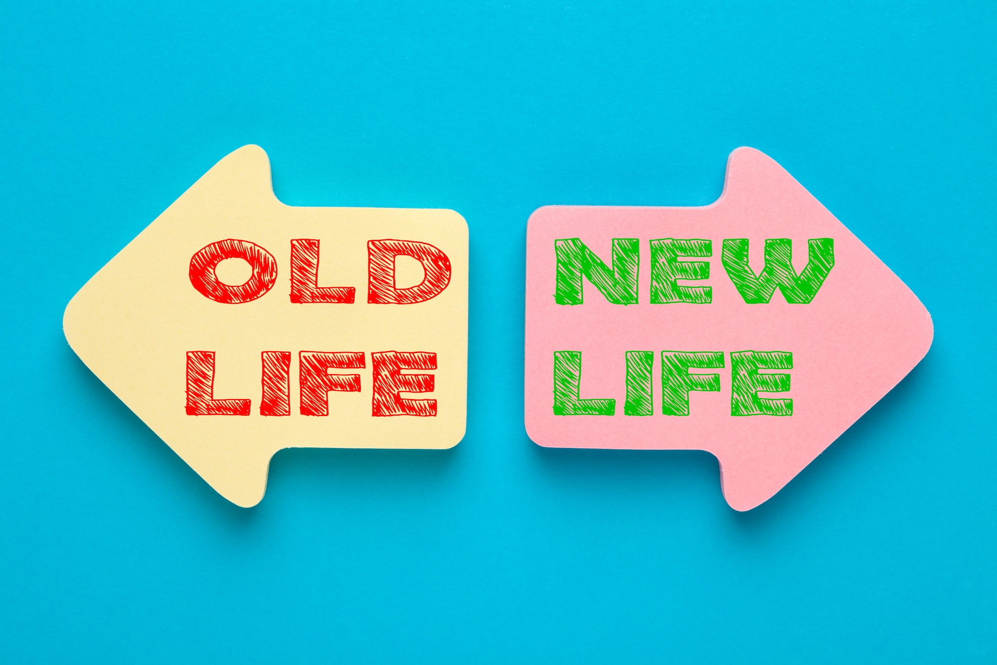 Graphic shows two opposite arrows saying old life and new life.