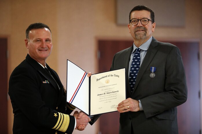 WASHINTON (December 18, 2020) -- Vice Adm. Bill Galinis, Commander, Naval Sea Systems Command (NAVSEA) presented Mr. Jim Smerchansky, Executive Director, NAVSEA the Superior Civilian Service Award during his Retirement Ceremony. The ceremony was held at the Washington Navy Yard Sail Loft.