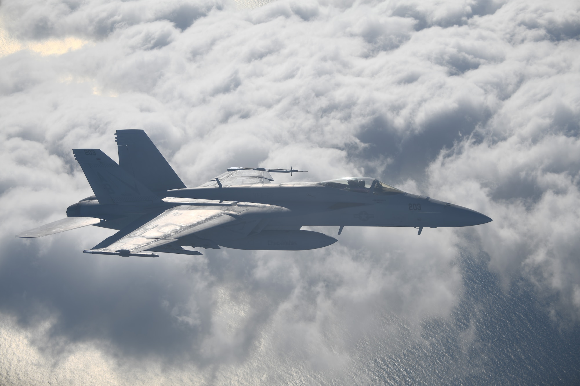 A U.S. Navy F/A-18 Hornet flies over the Gulf of Mexico