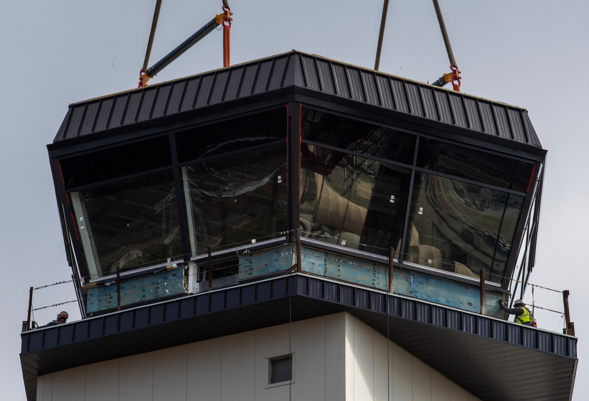 The control cab is positioned on top of the new air traffic control tower at Seymour Johnson Air Force Base, North Carolina.