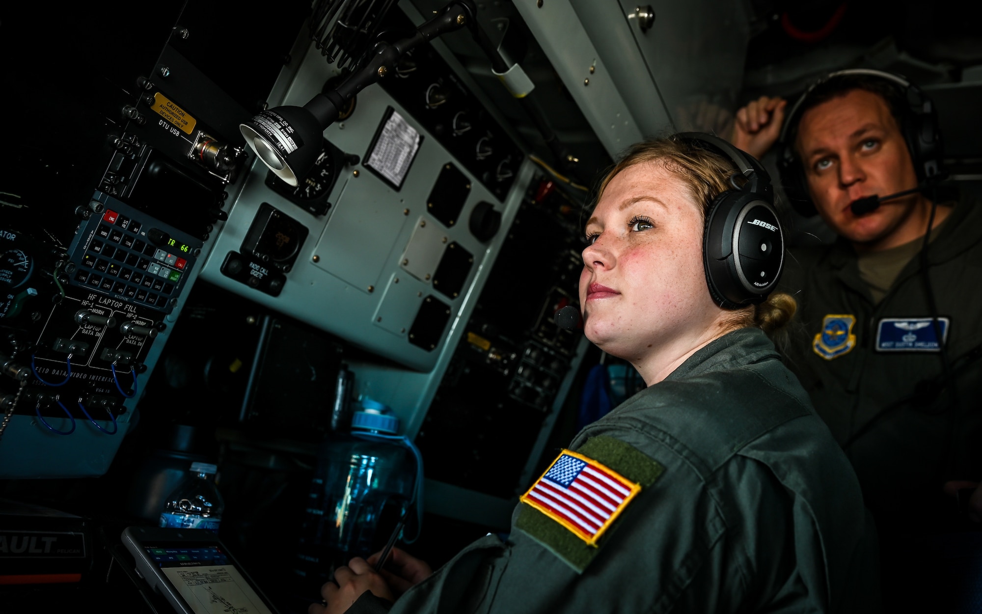 Airman 1st Class Cassandra Wesley, a 91st Air Refueling Squadron boom operator, trains alongside Master Sergeant Dustin Sheldon, a 91st ARS in-flight refueling instructor, during week-long integrated training at Barksdale Air Force Base, La., Dec. 14, 2020.