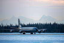 A U.S. Air Force KC-135 Stratotanker from the Alaska Air National Guard’s 168th Wing taxis on the flightline Dec. 18, 2020 at Eielson Air Force Base, Alaska.