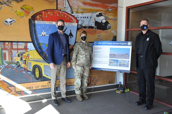 From left to right, David Van Dorpe, LA District’s deputy District engineer; Col. Julie Balten, LA District commander, and Edwards Air Force Base Fire Chief Timothy Johnson pose for a picture Dec. 15 at the new Flightline Fire Station at the base. The fire station, designed by I.E. Pacific, Inc., recently won the Facility Design Honor Award – the highest achievement – in the 2020 U.S. Air Force Civil Engineer Center Design Award Program. The Los Angeles District was the design agent for the facility. The new $44-million, 41,000-square-foot-facility replaced the old fire station, which was in service for more than 50 years.