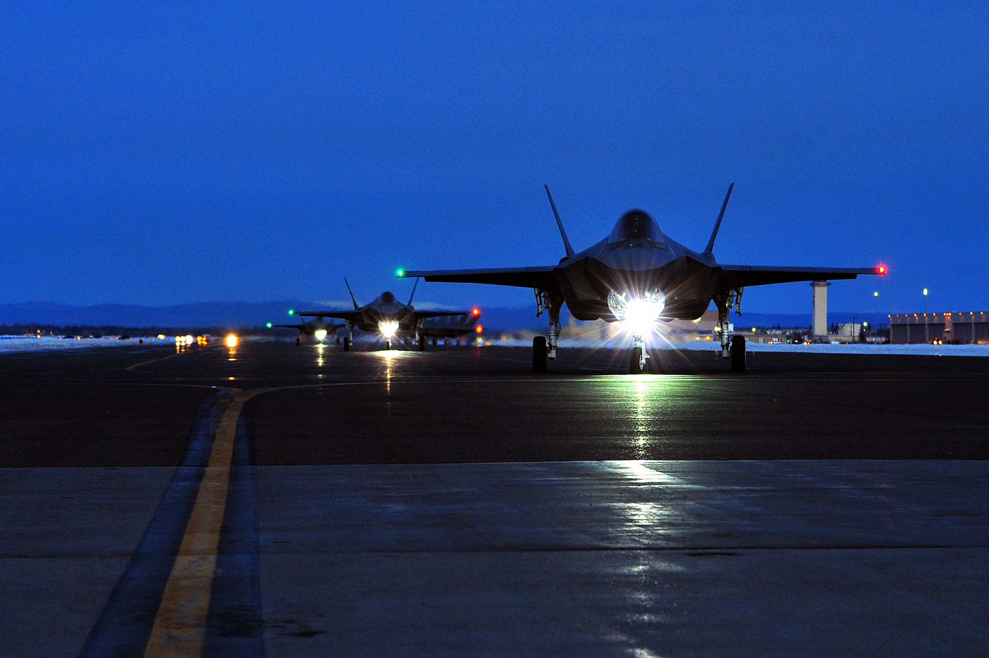 A U.S. Air Force F-35A Lightning II assigned to the 354th Fighter Wing taxis on the flightline at Eielson Air Force Base, Alaska, Dec. 18, 2020.