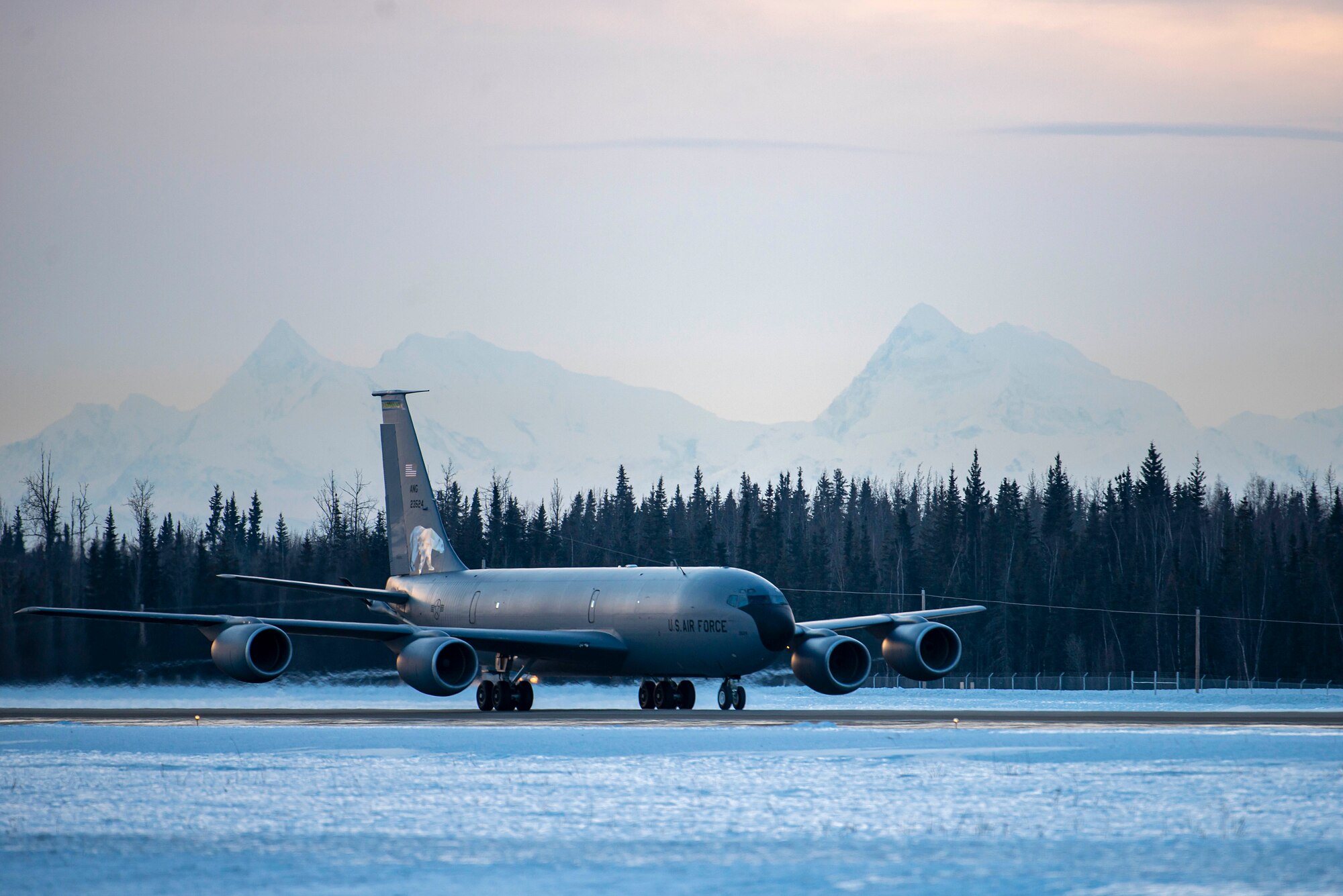 A U.S. Air Force KC-135 Stratotanker from the Alaska Air National Guard’s 168th Wing taxis on the flightline Dec. 18, 2020 at Eielson Air Force Base, Alaska.