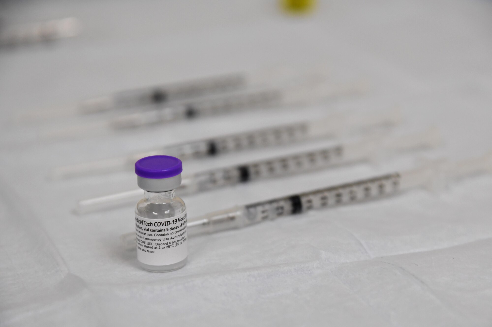 A bottle containing the COVID-19 vaccine is displayed inside the Keesler Medical Center at Keesler Air Force Base, Mississippi, Dec. 21, 2020. Members of the 81st Medical Group administered the COVID-19 vaccine to Keesler first responders and members of the Armed Forces Retirement Home in Gulfport, Mississippi. (U.S. Air Force photo by Kemberly Groue)