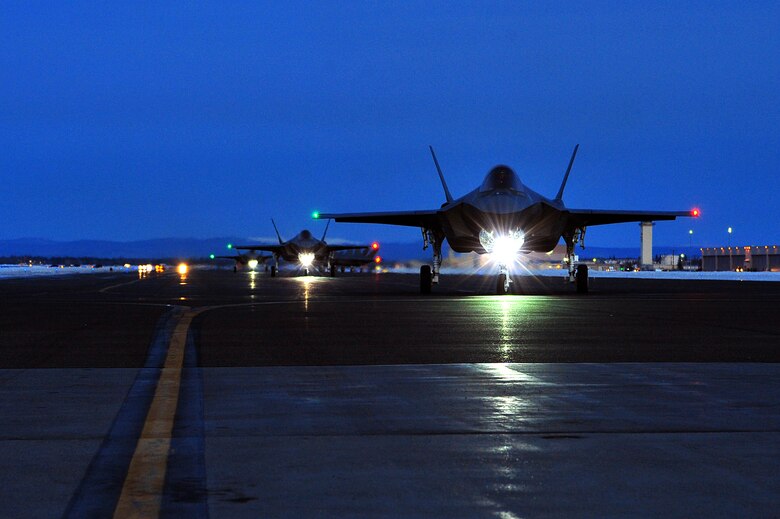 A U.S. Air Force F-35A Lightning II assigned to the 354th Fighter Wing taxis on the flightline at Eielson Air Force Base, Alaska, Dec. 18, 2020.